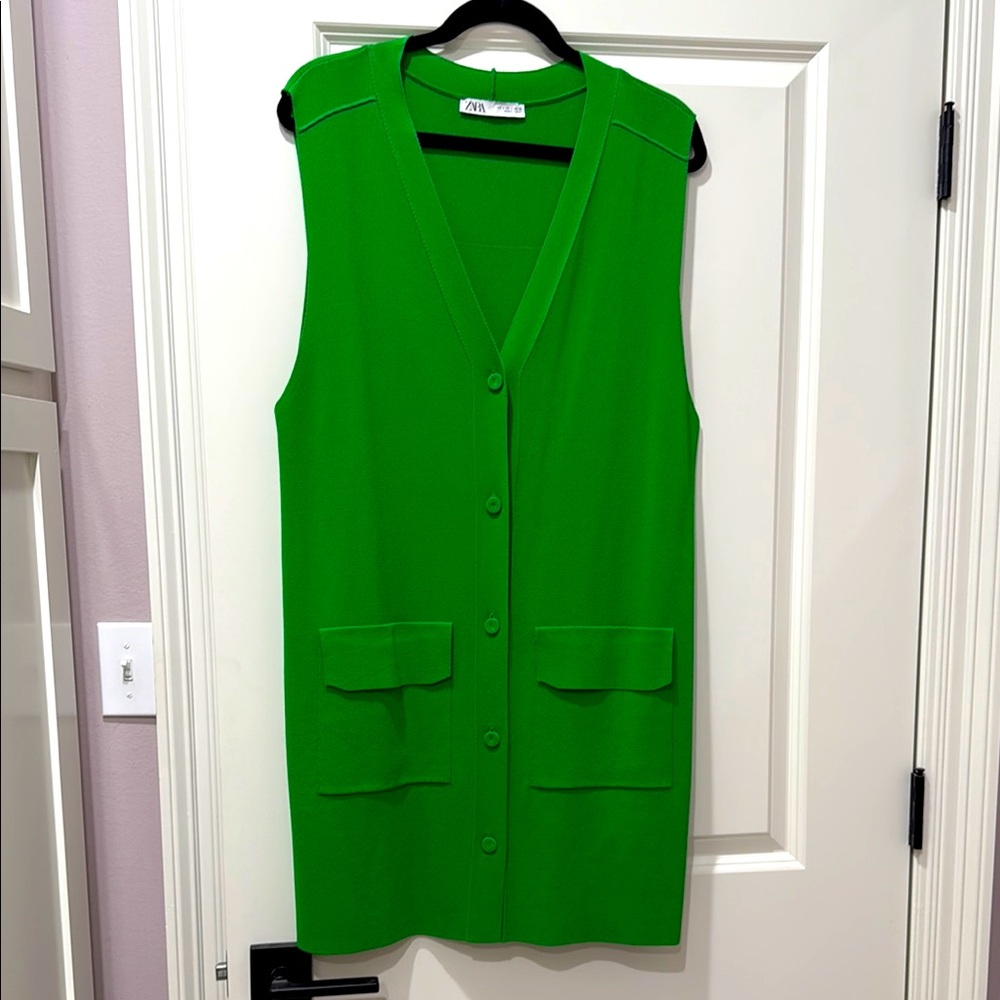 Zara Green Sleeveless Button-Up Vest gillet L